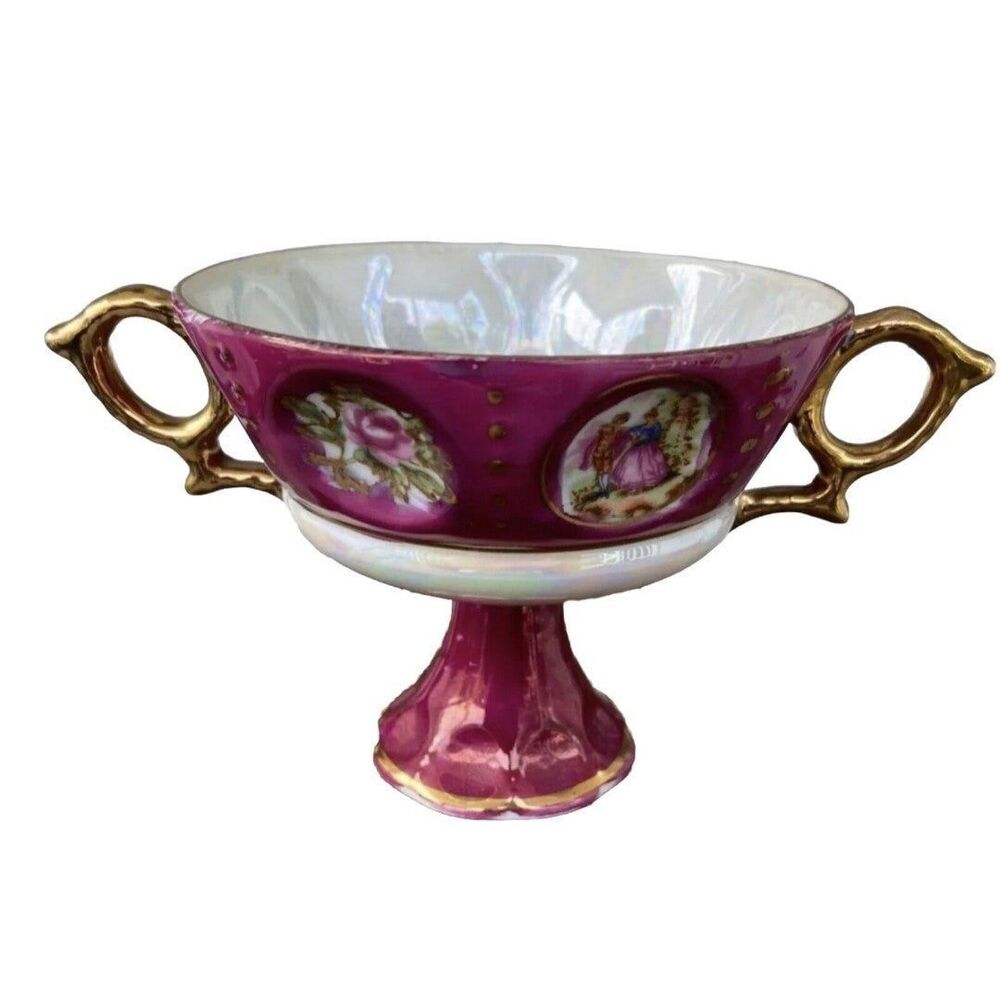 Royal Sealy China Double Handle Footed Cup Lusterware Dancing Couple Roses VTG